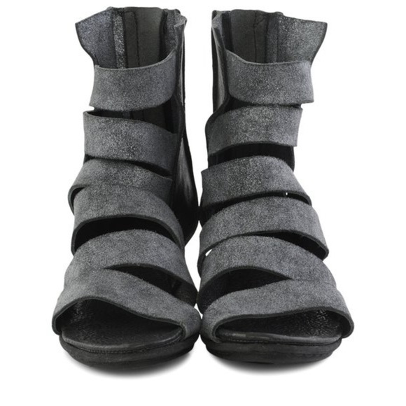 Trippen Zita Gladiator Metallic Leather Strappy Black Wedge Sandal Size 9.5 - Picture 3 of 14